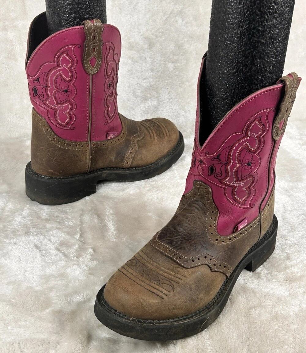 Justin Gypsy Pink Brown Leather Stockman Cowgirl Boots Size: 7.5 B - Style L9926